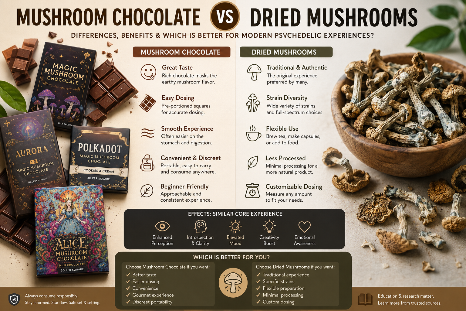 Mushroom Chocolate vs Dried Mushrooms: Differences, Benefits & Which Is Better for Modern Psychedelic Experiences?